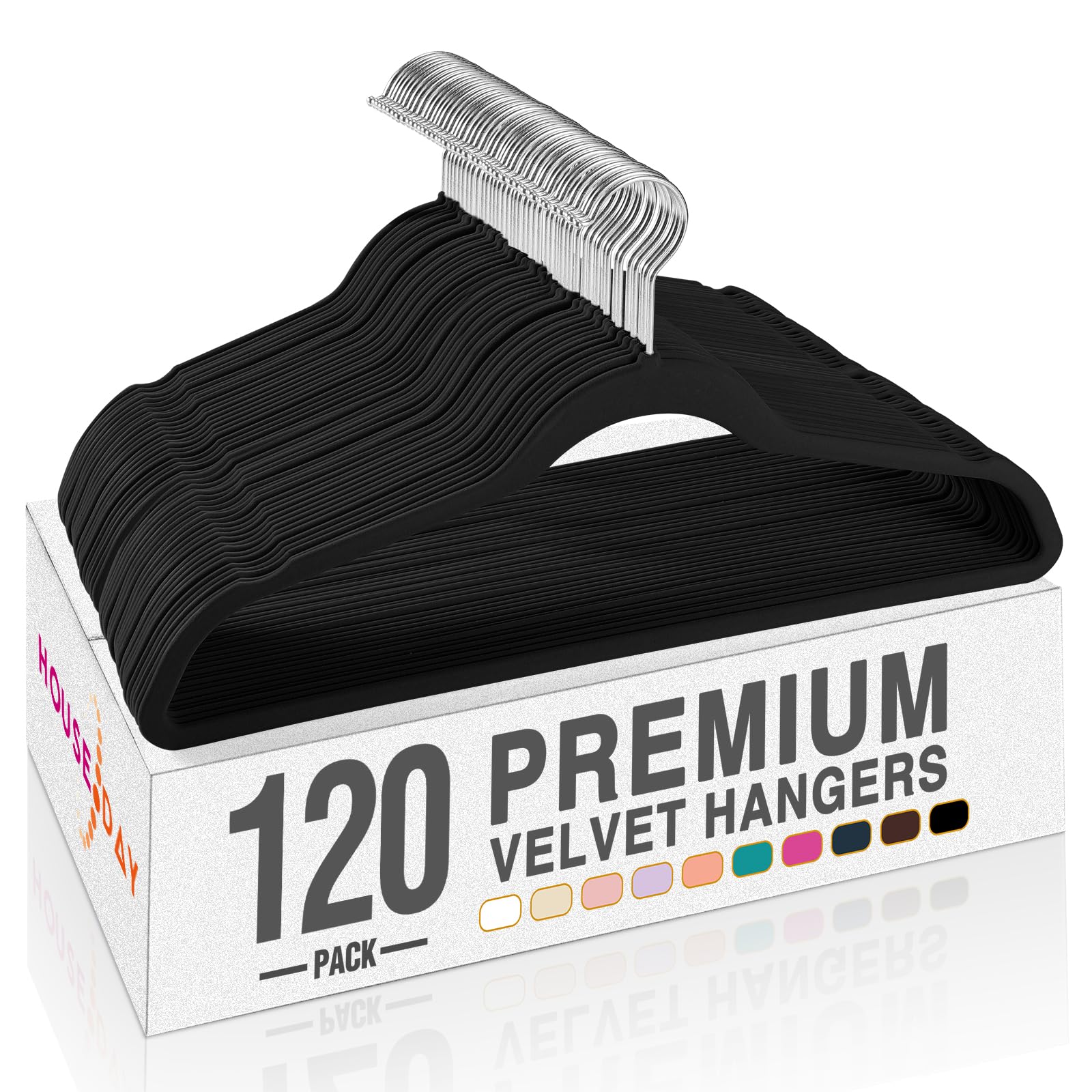 HOUSE DAY Black Velvet Hangers 60 Pack, Non Slip Clothes Felt Hanger Heavy Duty for Coat, Premium Slim Space Saving Suit Hangers for Closet Organizer, 360° Rotating Silver Hook